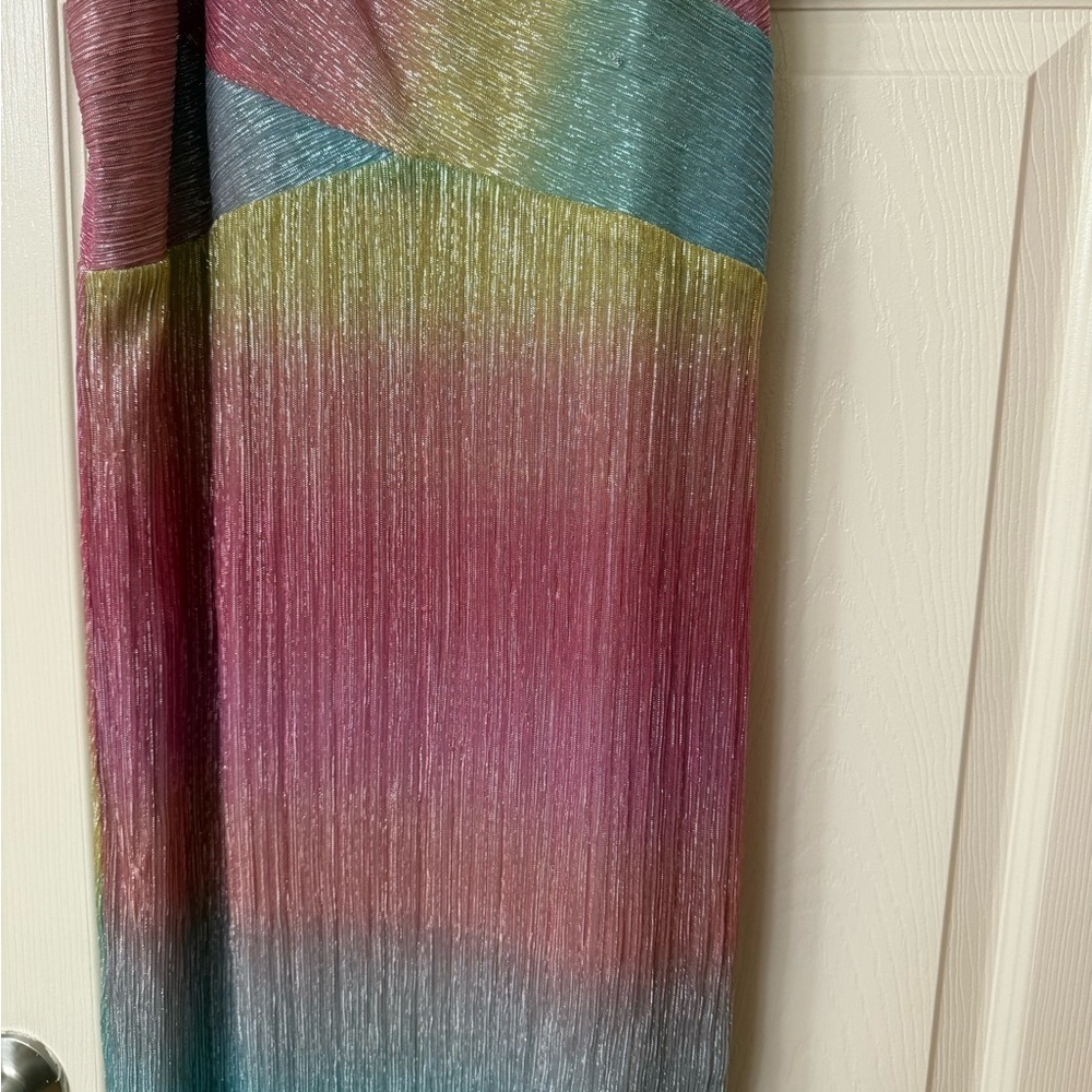 NWOT Saylor Ombre Metallic Myrah Ruffle Shoulder Slit Midi Dress sz Large L - Picture 7 of 9